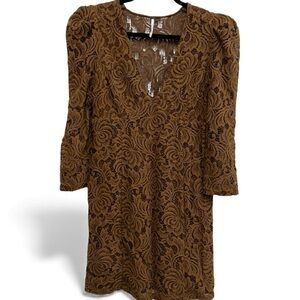 Free People Brown Lace Puff Sleeve Mini Dress Deep V Neckline Sz Small
